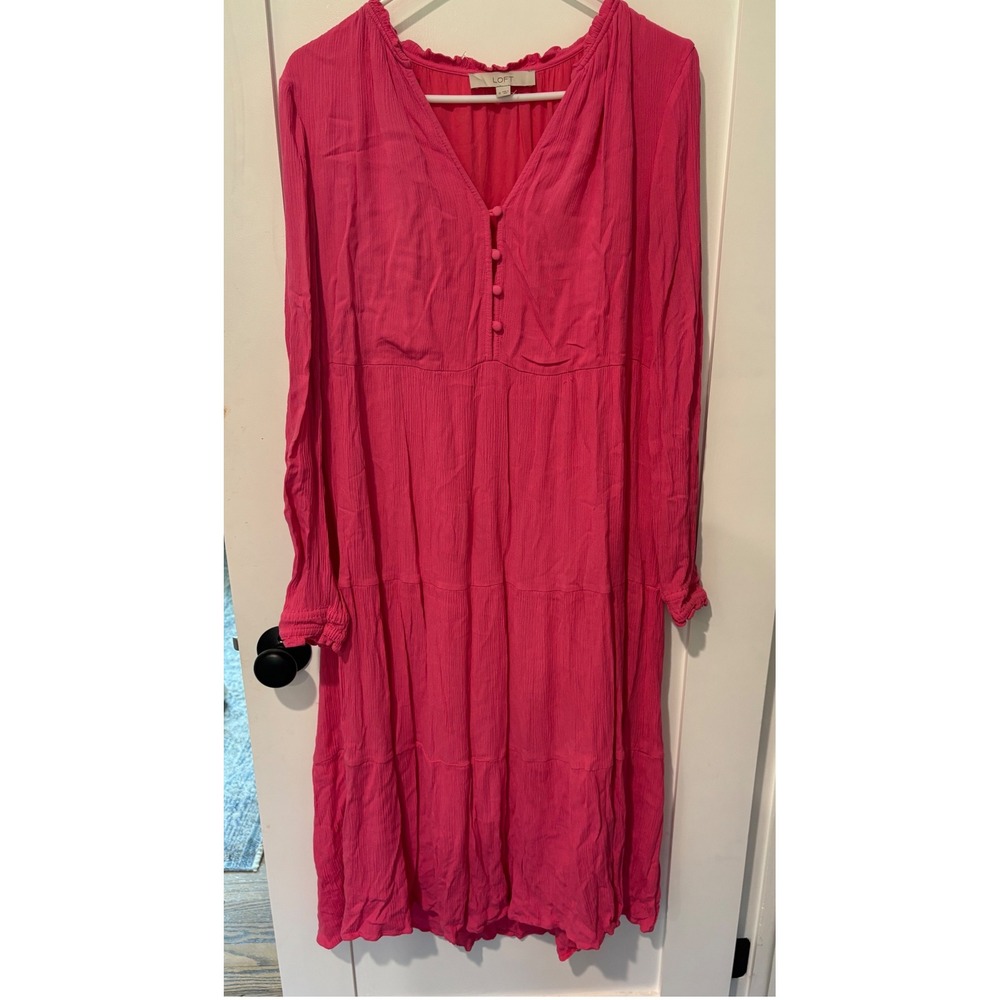 LOFT Womens Pink Textured Rayon Tiered Midi Dress Long Sleeve Button V-Neck M